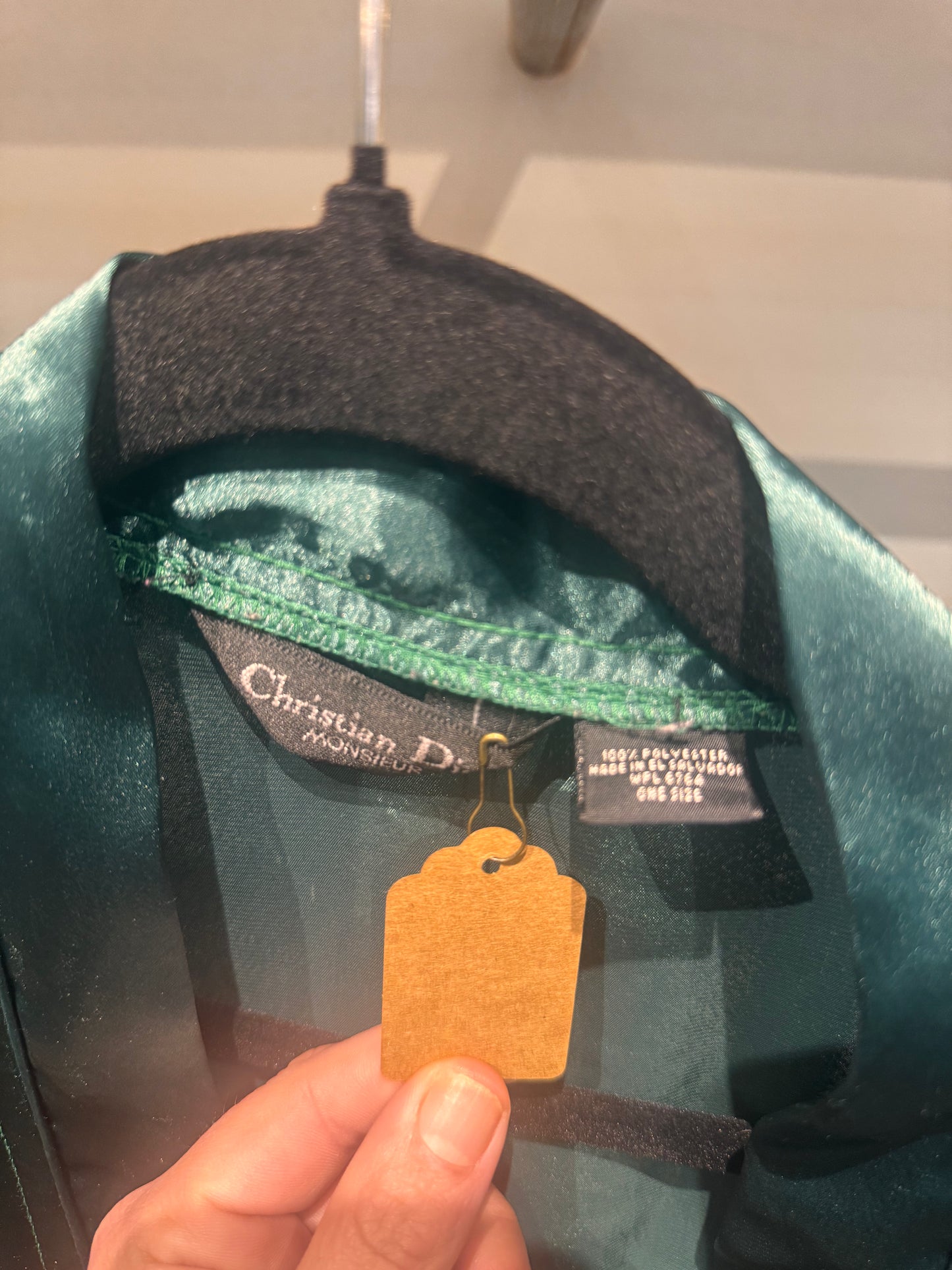 Vintage Christian Dior Monsieur Robe – Emerald Satin Drape – No Belt / Some Scars