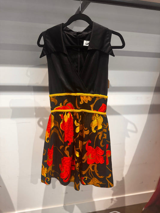Vintage Julie Miller California Mini Dress – Baroque Floral + Satin Bodice (Late 60s / Early 70s)