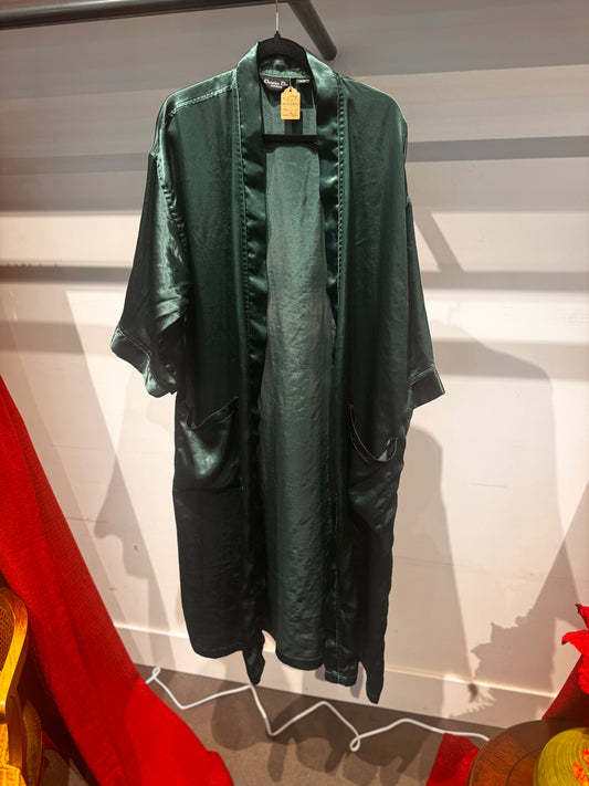 Vintage Christian Dior Monsieur Robe – Emerald Satin Drape – No Belt / Some Scars